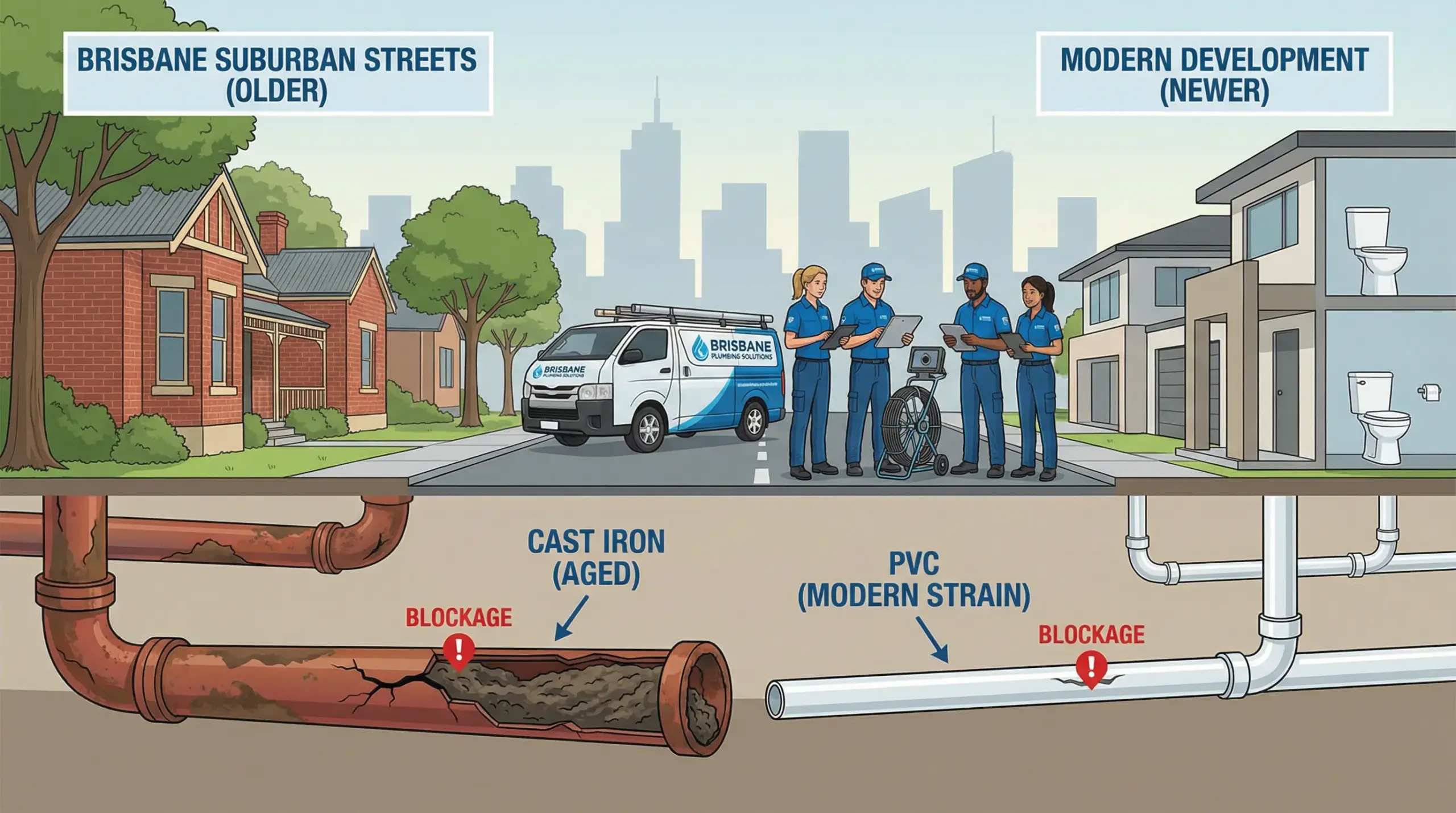 Cross-section of Brisbane pipes showing old and new plumbing with blockages.