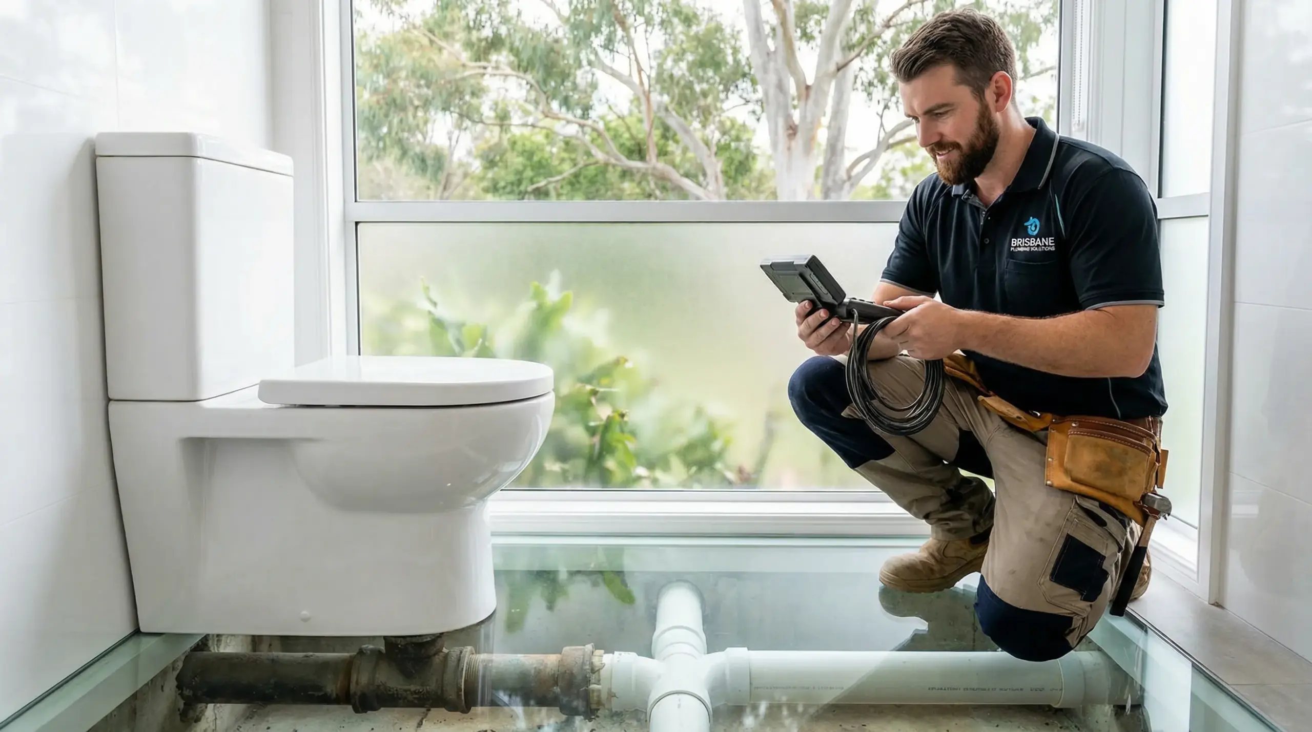 Brisbane plumber inspecting low-flush toilet and old pipes in a modern bathroom.