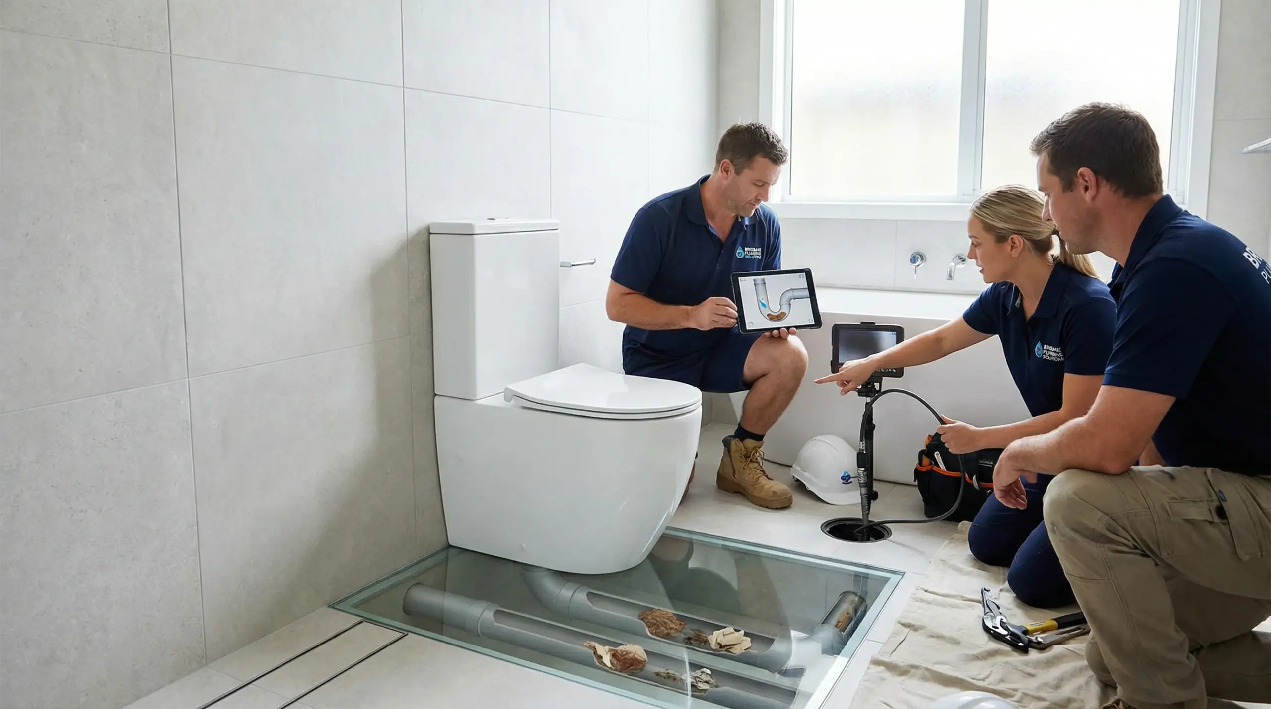 Plumbers inspecting bathroom pipes with a low-flow toilet and diagnostic tools.