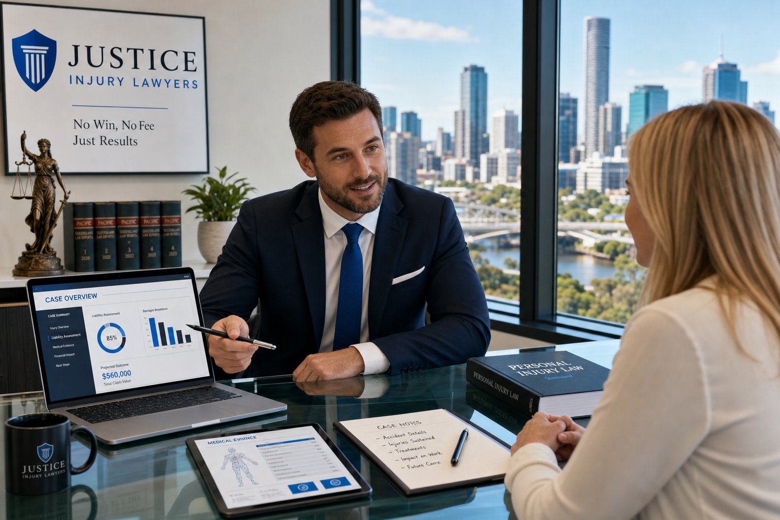 Personal injury lawyer advising client in modern Brisbane office
